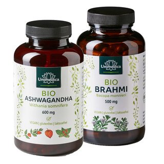 2er-Sparset: Bio Ashwagandha - 1.800 mg pro Tagesdosis (3 Kapseln) - hochdosiert - 180 Kapseln - UND Bio Brahmi - 1.000 mg pro Tagesdosis (2 Kapseln) - 150 Kapseln - von Unimedica