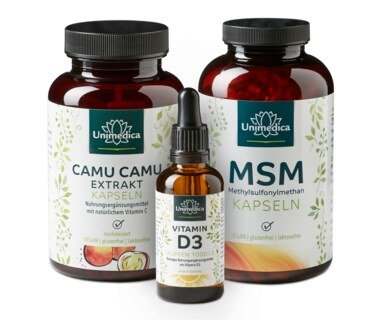Set: MSM 800 mg 365 Kapseln UND  Camu Camu Extrakt 500 mg - 120 Kapseln UND Vitamin D3 Tropfen - 50 ml im Set - von Unimedica