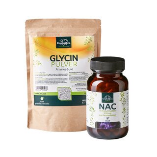 Sparset: Glycin Pulver - Aminosäure - 1.500 mg pro Tagesdosis - 1.100 g UND NAC - 250 mg pro Tagesdosis - N-Acetyl-Cystein aus natürlicher Fermentation - 90 Kapseln - von Unimedica