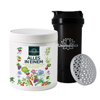 Sparset: ALLES IN EINEM - Vitamine + Mineralstoffe + Ballaststoffe + hochwertige Pflanzenstoffe in einem Komplex + Unimedica Protein Shaker - 500 ml - von Unimedica