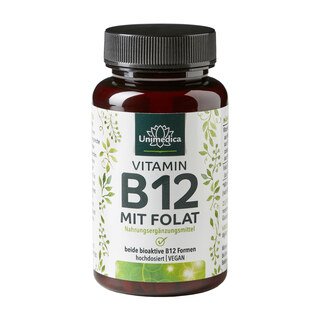Vitamin B12 mit Folat - 500 µg B12 und 400 µg Folat pro Tagesdosis (1 Tablette) - 180 Tabletten - von Unimedica