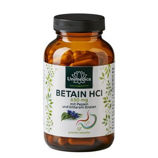 Betain HCl - 650 mg - mit Pepsin und bitterem Enzian - 120 Kapseln - von Unimedica/