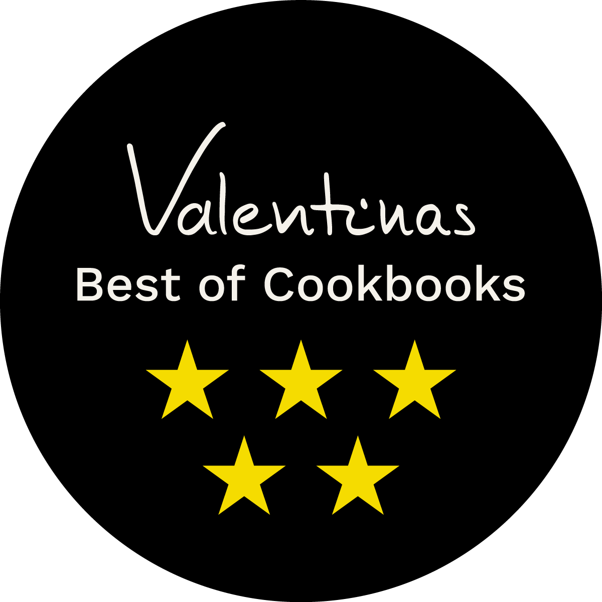 Badge: Aufschrift 'Valentinas Best of Cookbooks' und fünf gelbe Sterne auf rundem, schwarzem Hintergrund