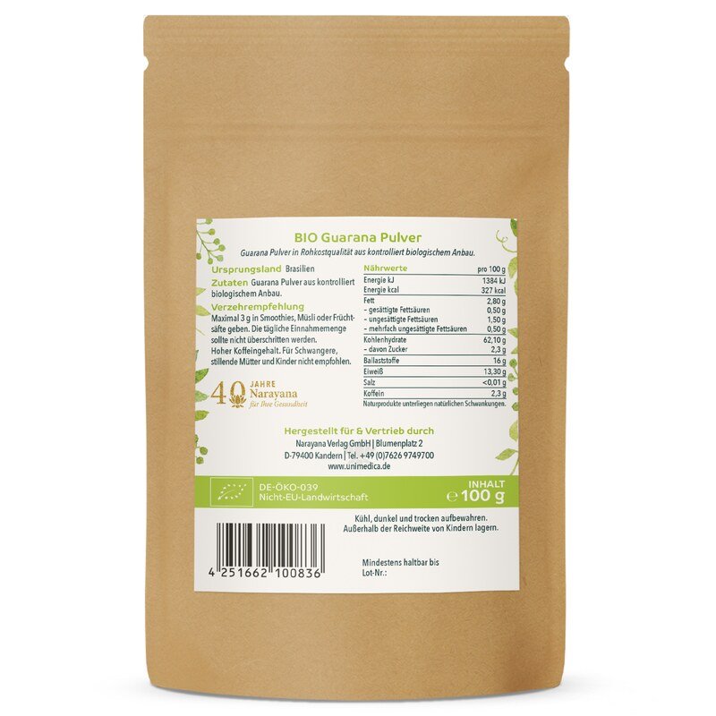 Bio Guarana Pulver - Kaffee-Alternative mit natürlichem Koffein - 100 g - von Unimedica