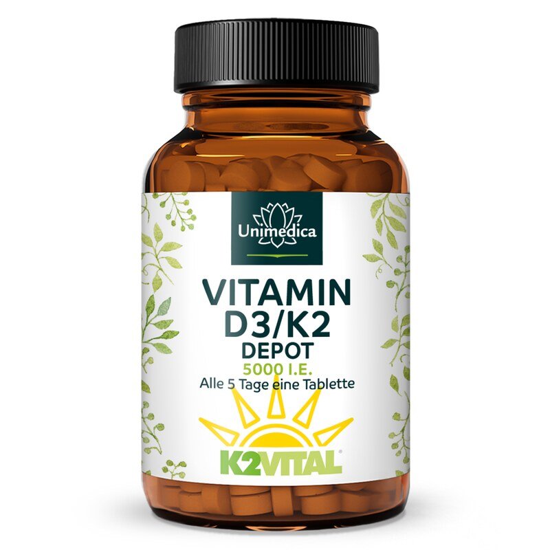 Vitamin D3 / K2 5000 I.E. Depot - 125 µg D3 und 100 µg K2 pro 5 Tagesdosis (Jeden 5. Tag eine Tablette) - 180 Tabletten - von Unimedica