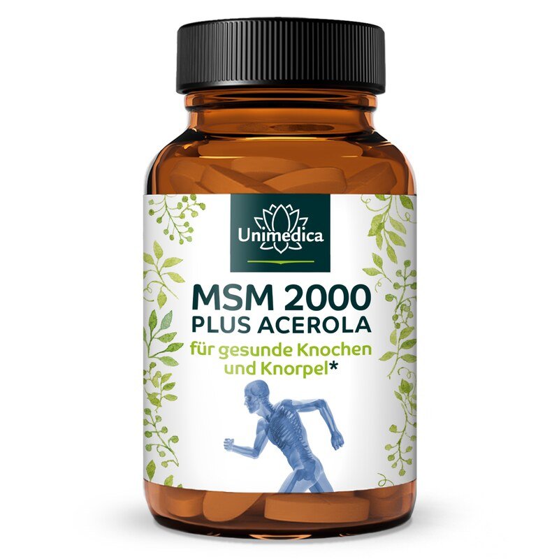 MSM plus Acerola 2000 - für gesunde Knochen und Knorpel* - 2000 mg MSM pro Tagesdosis (2 Tabletten) - 365 Tabletten - von Unimedica