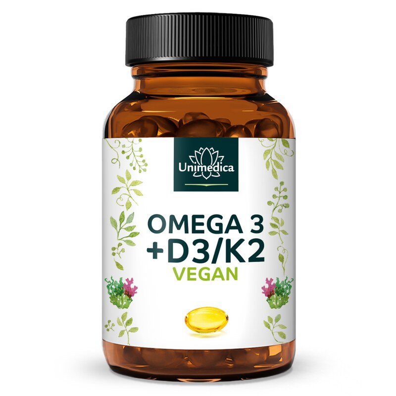 Vegan Omega 3 + Vitamin D3 + K2 - Algenöl - 60 Softgelkapseln - von Unimedica