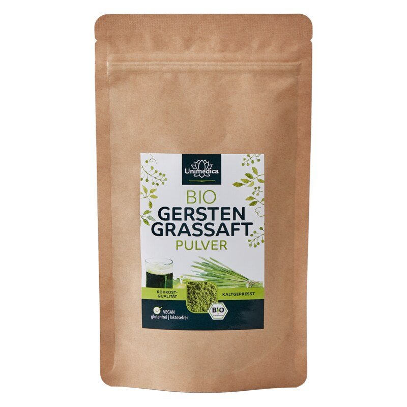 Bio Gerstengrassaft Pulver - Rohkostqualität aus frisch gepresstem Saft - kaltgepresst - naturrein - 100 g - von Unimedica