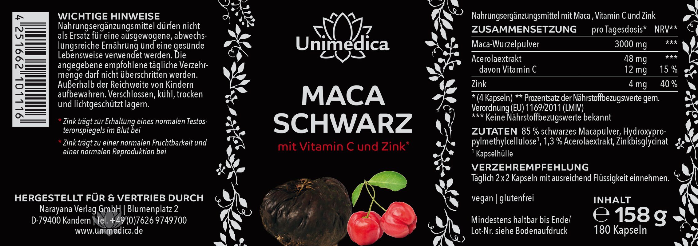 Schwarzes Maca mit Vitamin C aus Acerola und Zink - 3.000 mg pro Tagesdosis (4 Kapseln) - 180 Kapseln - von Unimedica