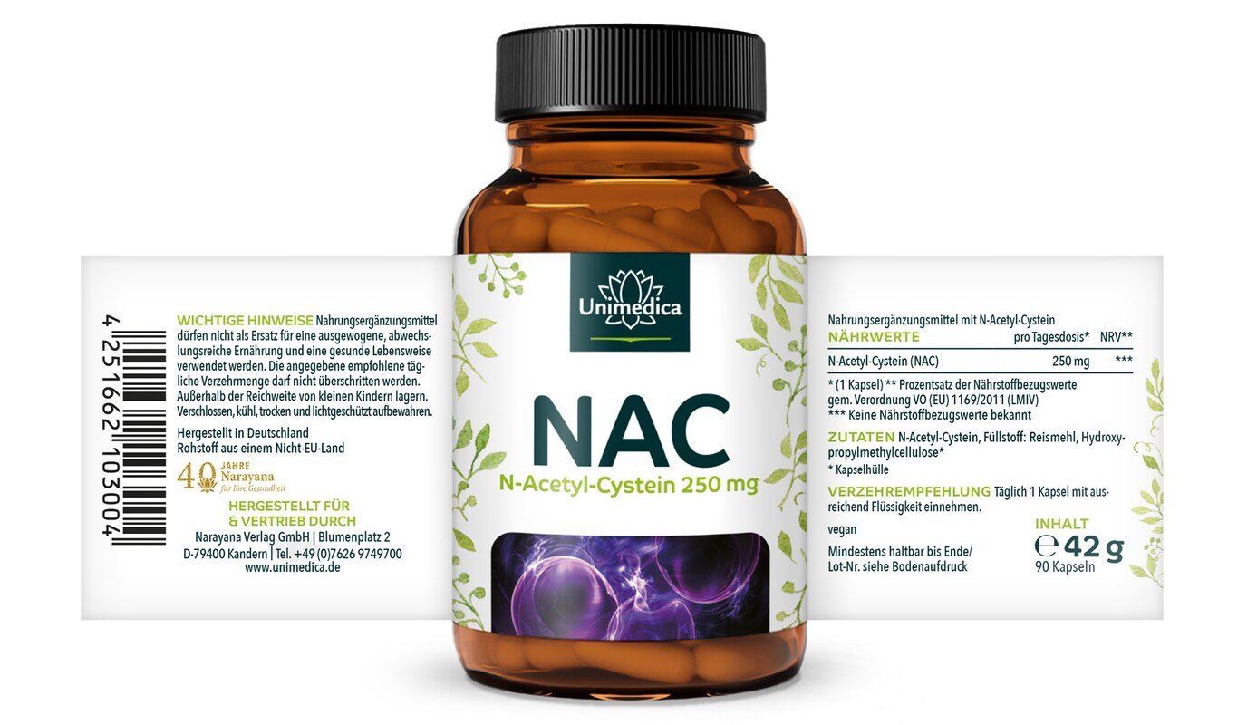 NAC - N-Acetyl-Cystein aus natürlicher Fermentation - 250 mg pro Tagesdosis (1 Kapsel) - 90 Kapseln - von Unimedica