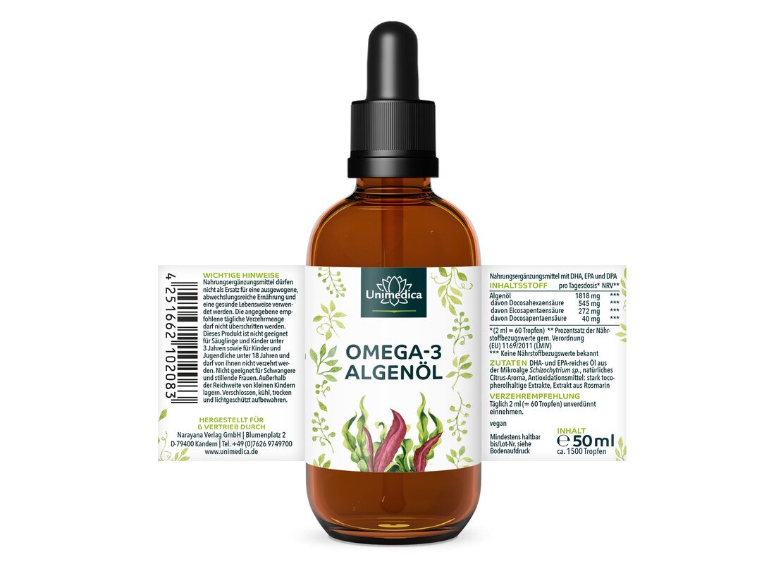 Vegane Omega 3 Algenöl Tropfen - mit DHA, EPA und DPA - 50 ml - von Unimedica