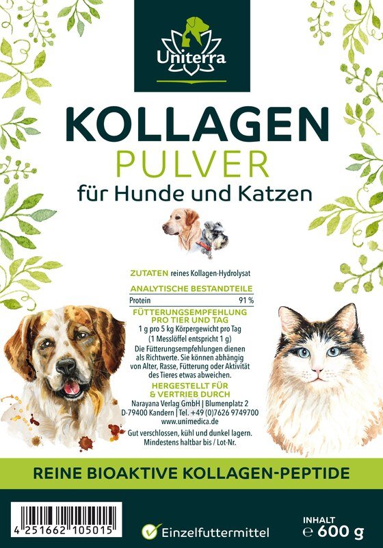 Kollagen Pulver für Hunde und Katzen - Kollagen-Hydrolysat vom Rind - Einzelfuttermittel - 600 g - von Uniterra
