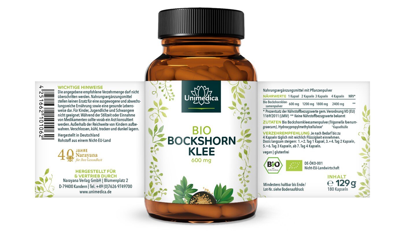 Bio Bockshornklee - 2.400 mg pro Tagesdosis ( 4 Kapseln) - hochdosiert - 180 Kapseln - von Unimedica