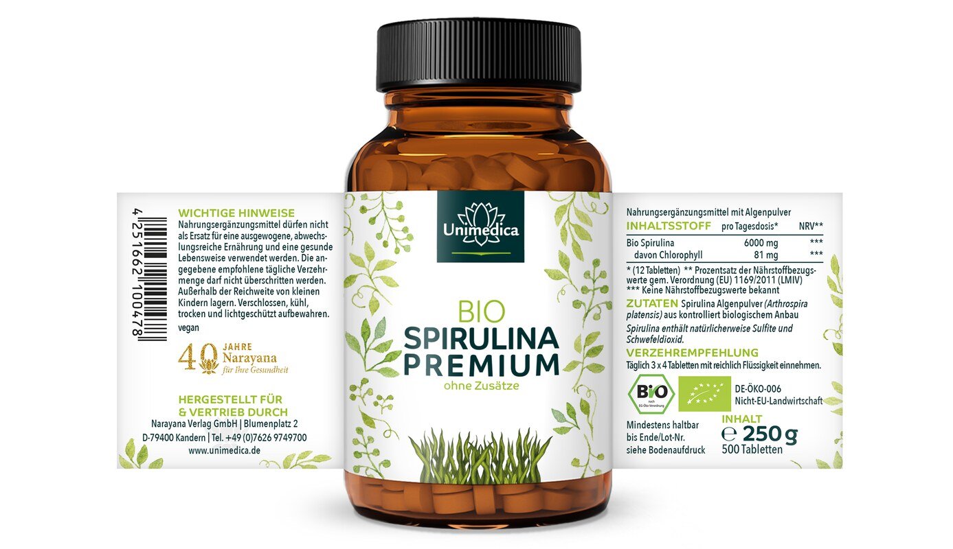 2er-Sparset: Bio Spirulina Premium - 6000 mg pro Tagesdosis (3 x 4 Tabletten) -  hochdosiert - 2 x 500 Tabletten - von Unimedica