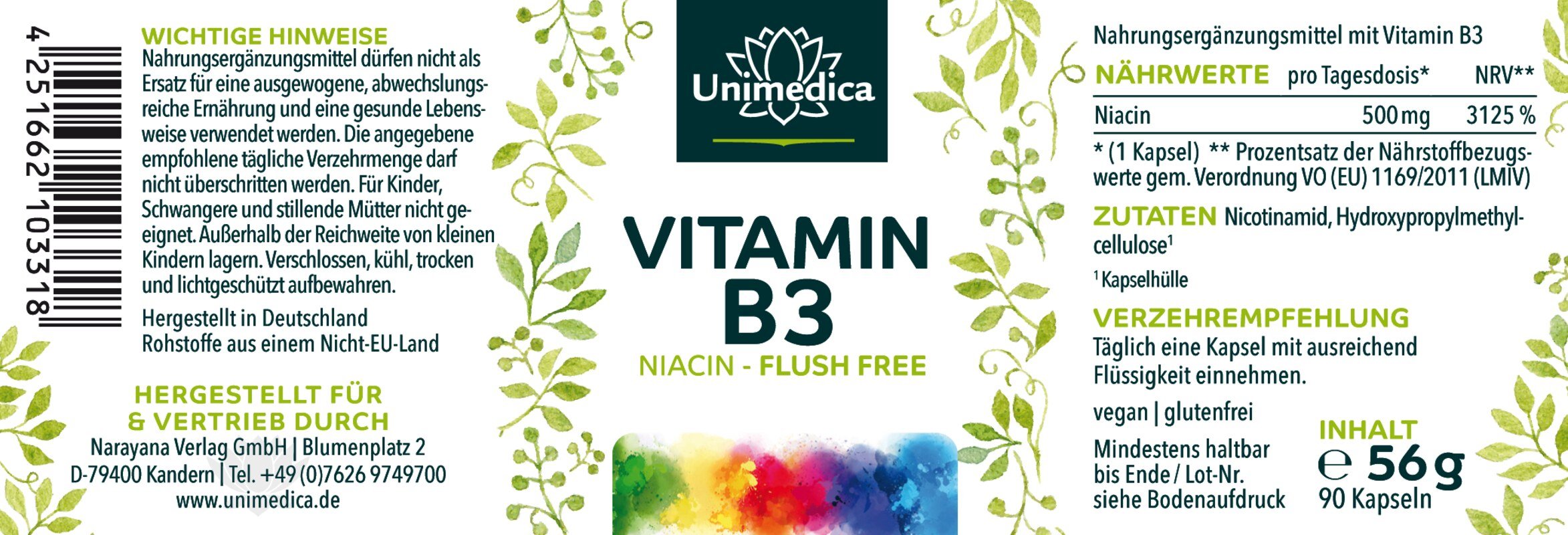 2er-Sparset: Vitamin B3 Niacin "Flush Free" - 500 mg pro Tagesdosis (1 Kapsel) - 2 x 90 Kapseln - von Unimedica
