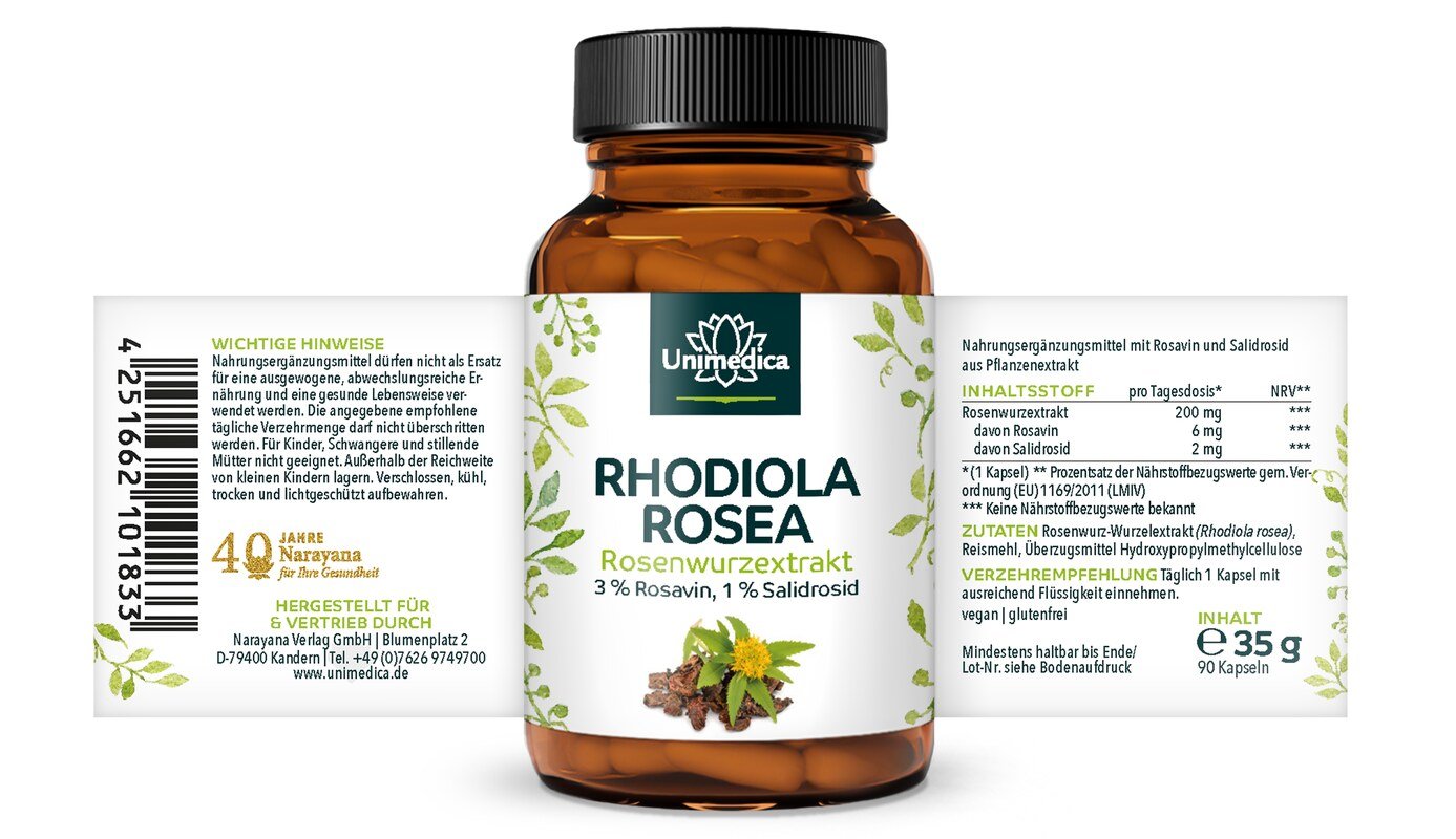 2er-Sparset: Rhodiola Rosea - Rosenwurzextrakt - 200 mg pro Tagesdosis (1 Kapsel) - 2 x 90 Kapseln - von Unimedica