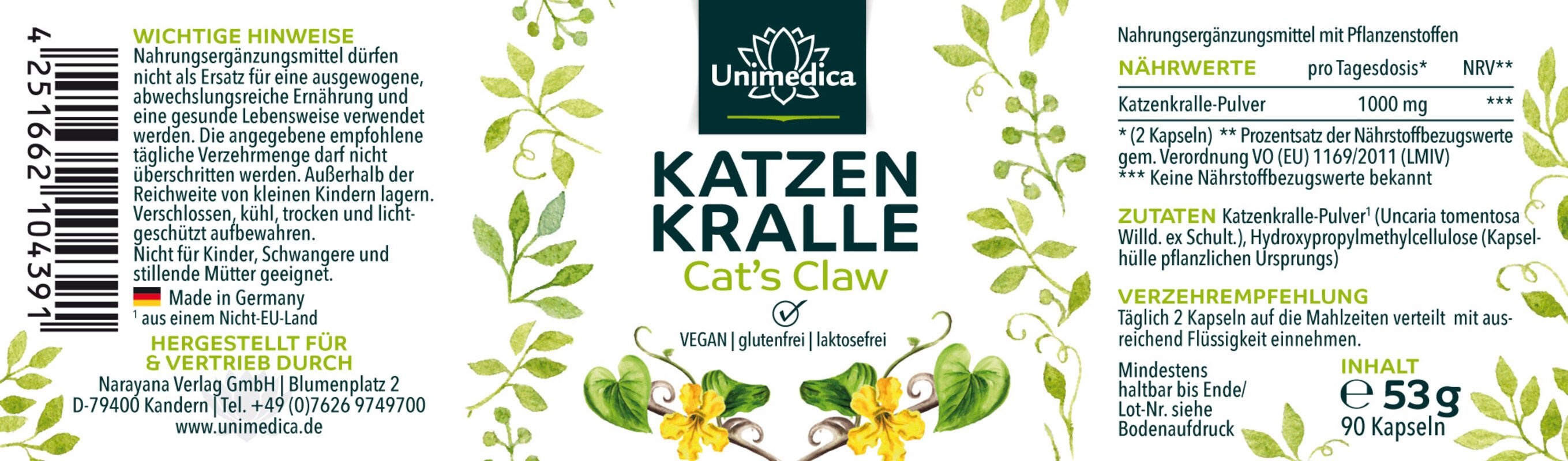 2er-Sparset: Katzenkralle - Cat´s Claw - 1000 mg pro Tagesdosis (2 Kapseln) - 2 x 90 Kapseln - von Unimedica