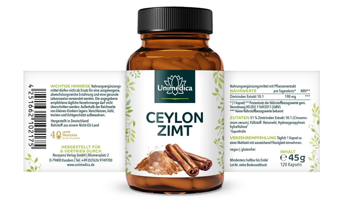 Ceylon Zimt Extrakt 10:1 - 190 mg pro Tagesdosis (1 Kapsel) - 120 Kapseln - von Unimedica