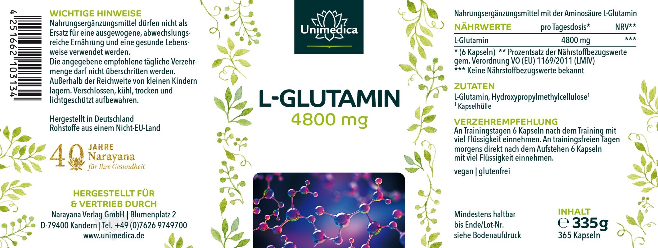 2er-Sparset: Glutamin - hochdosiert aus Fermentation - 4.800 mg L-Glutamin pro Tagesdosis (6 Kapseln) - 2 x 365 Kapseln - von Unimedica