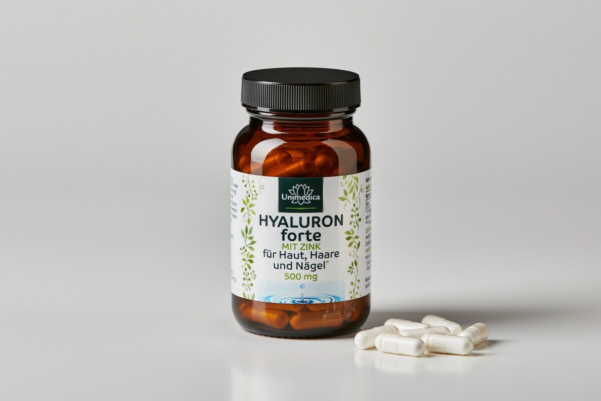 Hyaluron forte - mit Zink für Haut, Haare und Nägel* - 500 mg Hyaluron pro Tagesdosis (1 Kapsel) - hochdosiert - 90 Kapseln - von Unimedica
