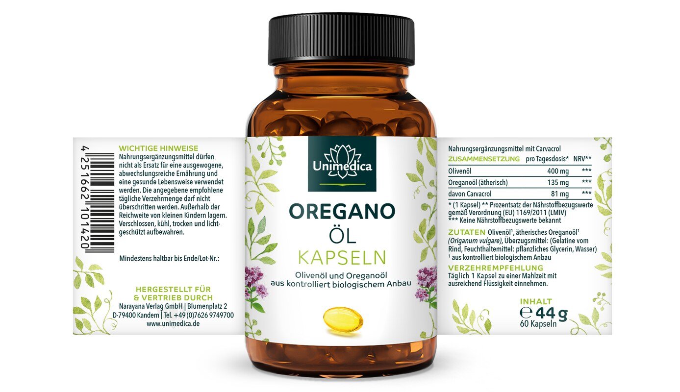 2er-Sparset: Oregano Öl - 135 mg pro Tagesdosis (1 Kapsel) - 2 x 60 Softgelkapseln - von Unimedica