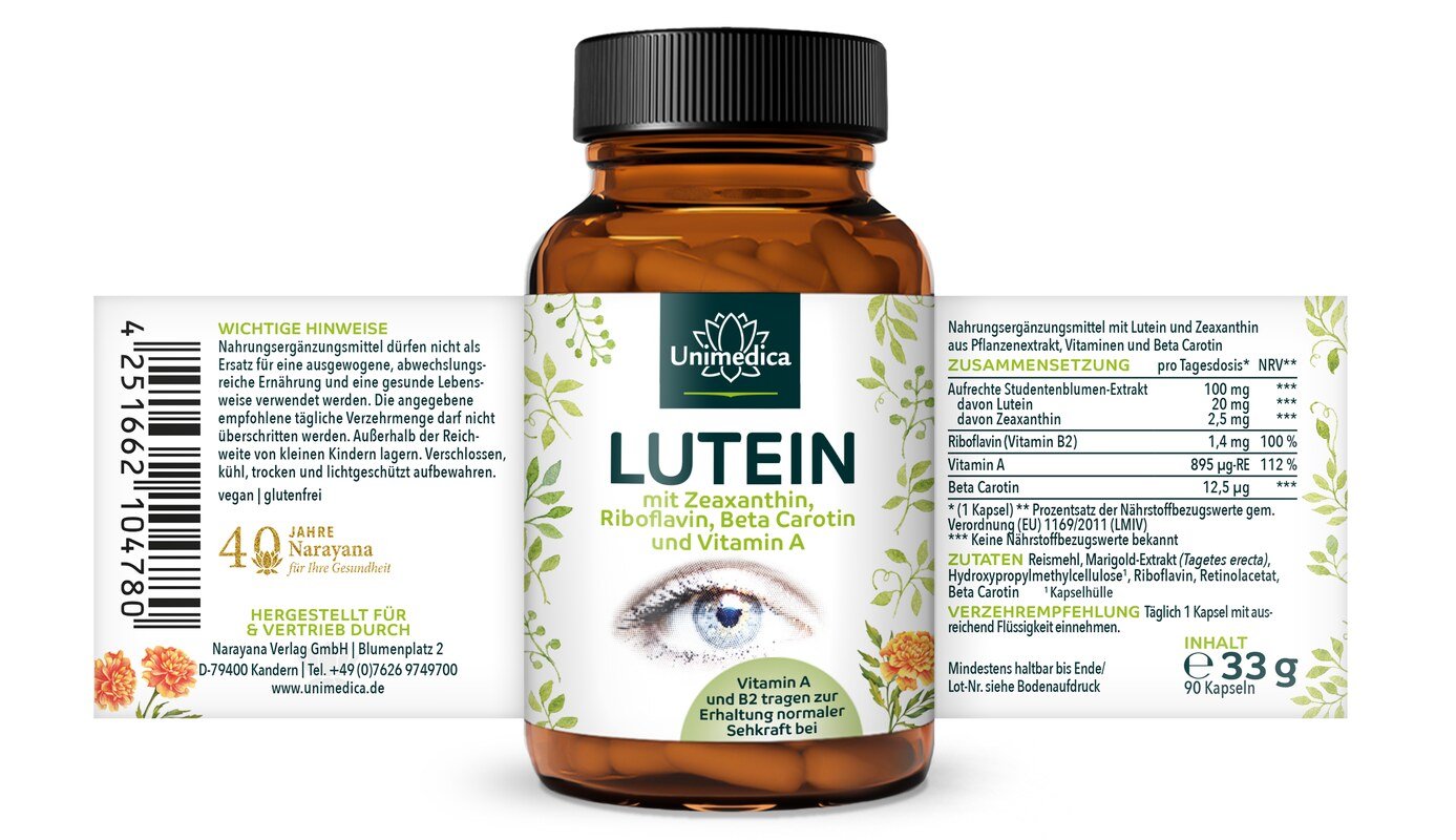 Lutein - mit Zeaxanthin + Vitamin B2 + Beta Carotin + Vitamin A - 90 Kapseln - von Unimedica