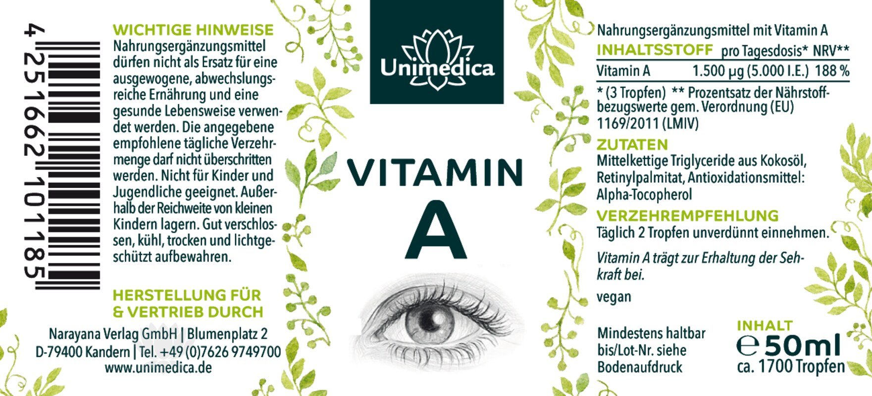Vitamin A Tropfen - 1.500 µg / 5.000 I.E pro Tagesdosis (3 Tropfen) - hochdosiert - 50 ml - von Unimedica