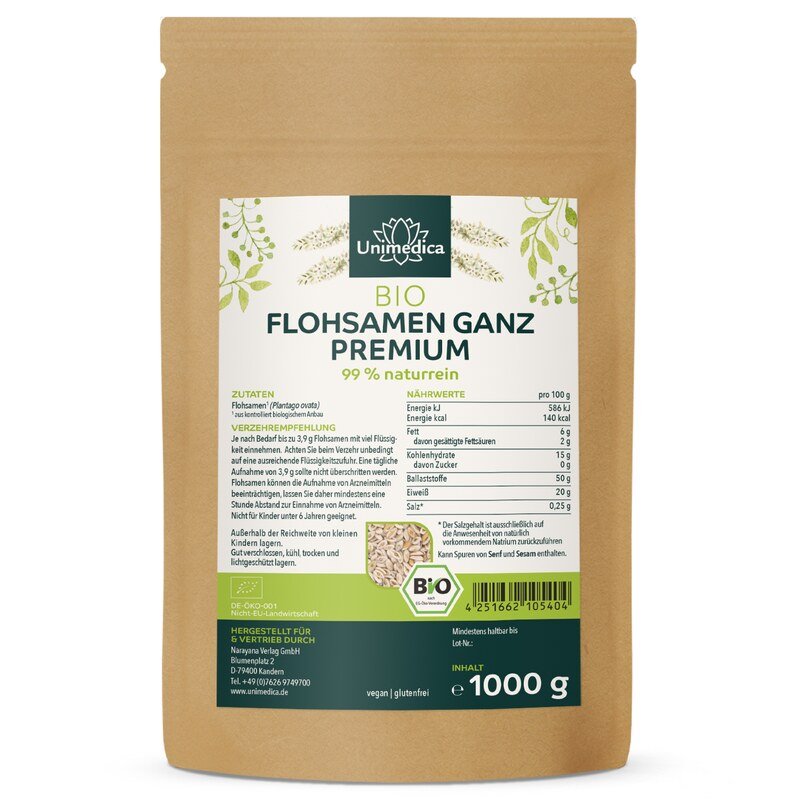 Bio Flohsamen ganz - Indische Flohsamen - 99 % naturrein - Premiumqualität - 1.000 g - von Unimedica