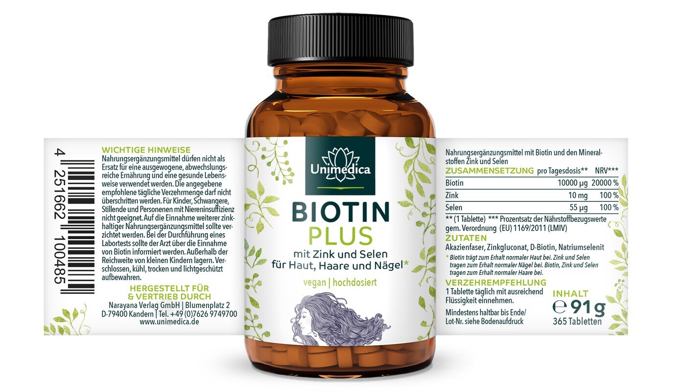 Biotin Plus mit Selen und Zink* - für Haut, Haare und Nägel - ultra hochdosiert - 365 Tabletten - von Unimedica