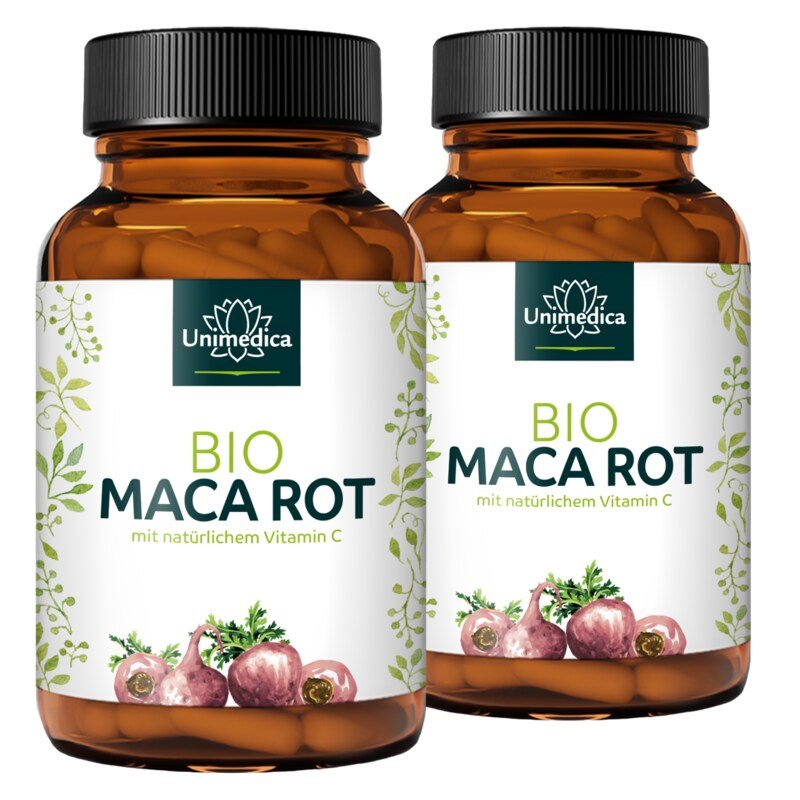 2er-Sparset: Bio Maca Rot - 3.000 mg pro Tagesdosis (4 Kapseln) - plus Vitamin C aus Bio Acerola - 2 x 180 Kapseln - von Unimedica