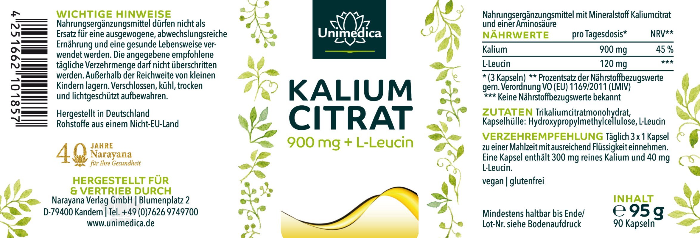 Kaliumcitrat mit L-Leucin - 900 mg pro Tagesdosis (3 Kapseln) - 90 Kapseln - von Unimedica