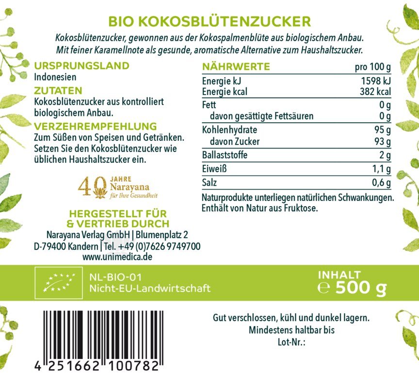 Bio Kokosblütenzucker - naturrein - 500 g - von Unimedica