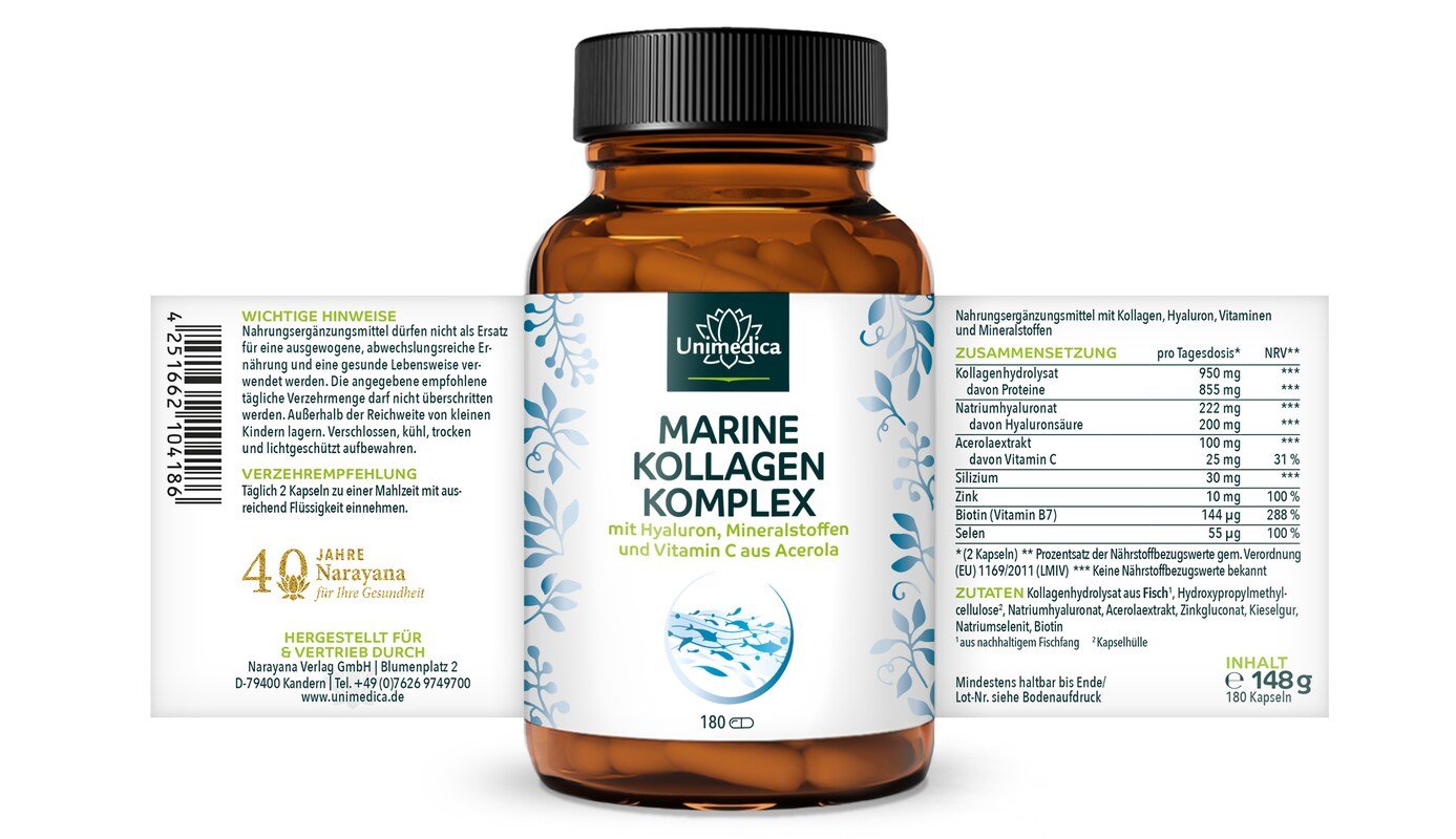2er-Sparset: Marine Kollagen Komplex - mit Hyaluron, Vitaminen und Mineralien - 2 x 180 Kapseln - von Unimedica