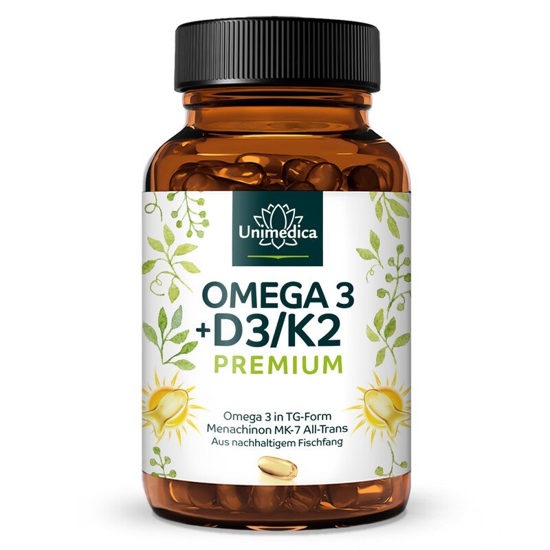Vitamin D3 + K2 MK7 All-trans + Omega 3 - Premium - aus nachhaltigem Fischfang - 90 Softgelkapseln - von Unimedica