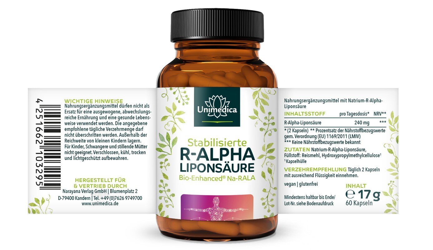 R-Alpha-Liponsäure Sodium - Bio Enhanced®  - 240 mg pro Tagesdosis (2 Kapseln)  - 60 Kapseln - von Unimedica