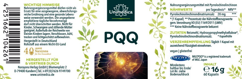 PQQ (MGCPQQ) Pyrrolochinolinchinon - 20 mg pro Tagesdosis (1 Kapsel) - 60 Kapseln - von Unimedica