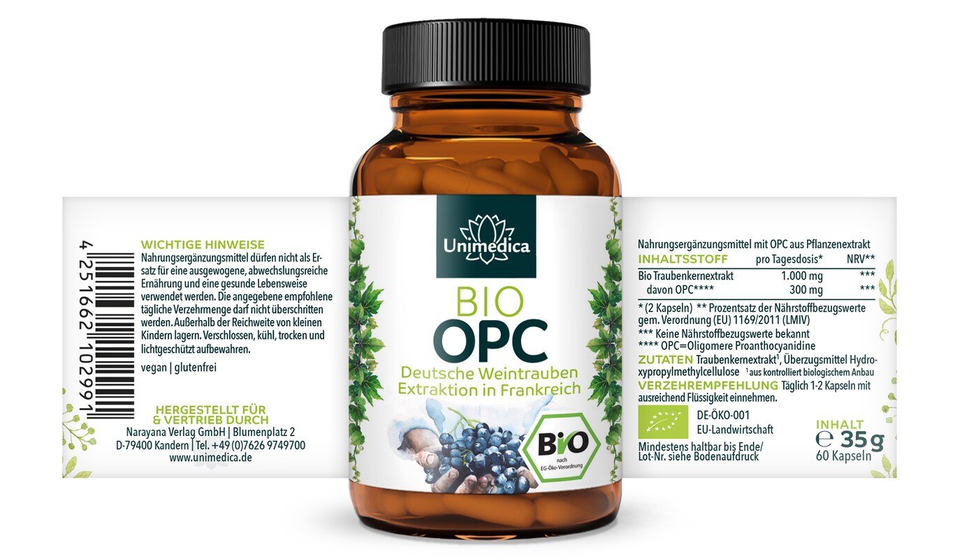 Bio OPC - mit 30 % reinem OPC-Gehalt - 300 mg OPC pro Tagesdosis (2 Kapseln) - 60 Kapseln - von Unimedica