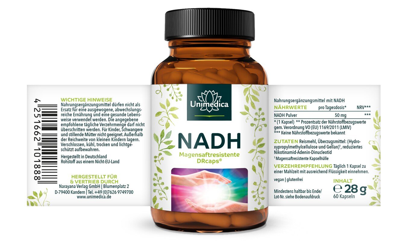NADH - 50 mg pro Tagesdosis (1 Kapsel) - 60 magensaftresistente Kapseln - von Unimedica