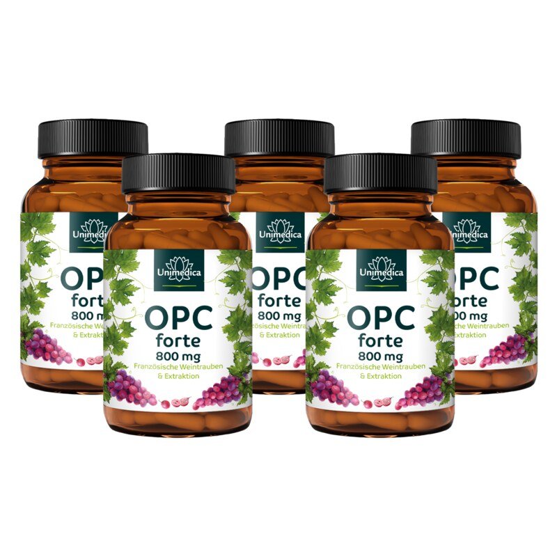 Set - 5x OPC forte - 800 mg Traubenkernextrakt pro Tagesdosis (2 Kapseln) - 180 Kapseln - von Unimedica