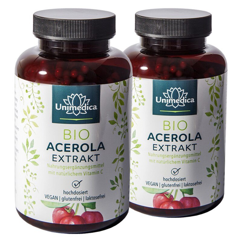 2er-Sparset: Natürliches Vitamin C - Bio Acerola Extrakt - davon 160 mg Vitamin C - 180 Kapseln - von Unimedica