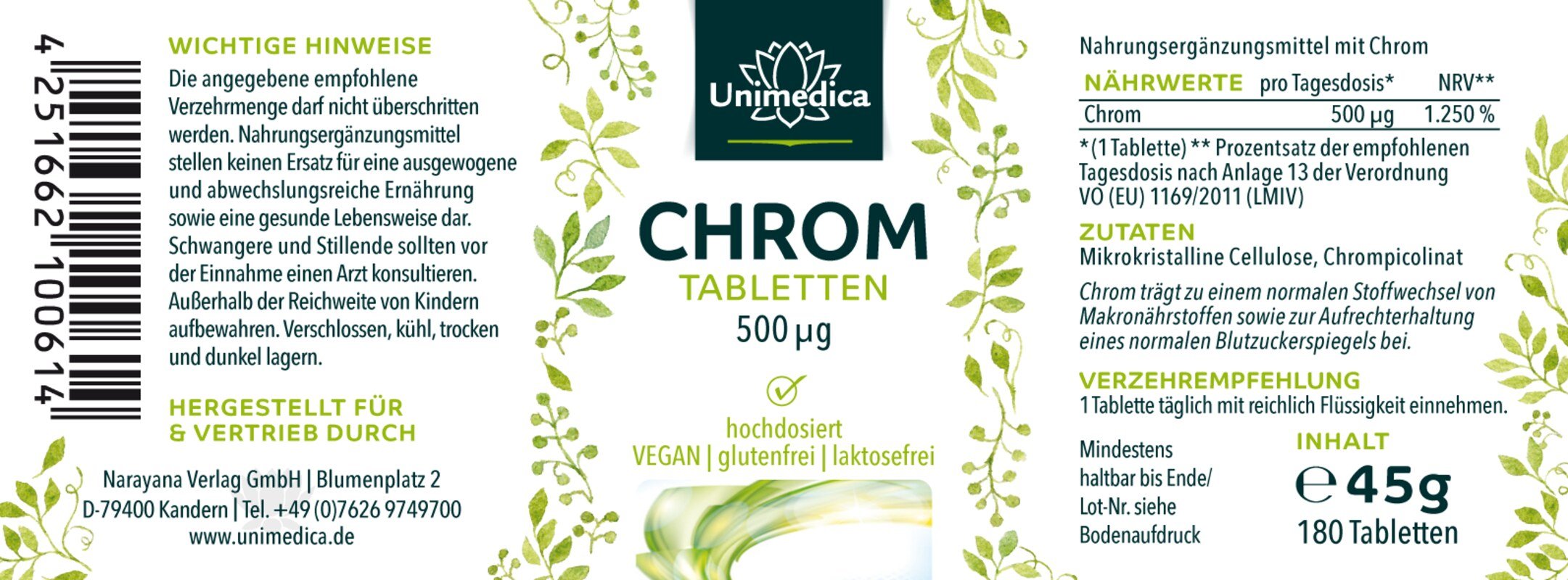 Chrom - 500 µg pro Tagesdosis (1 Tablette) - 180 Tabletten - von Unimedica