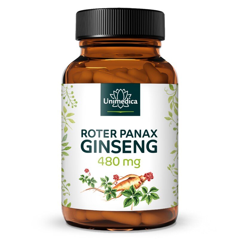 Roter Panax Ginseng Extrakt - koreanischer Ginseng C.A. Meyer - 480 mg pro Tagesdosis (2 Kapseln) - 20 % Ginsenoside - 100 Kapseln - von Unimedica