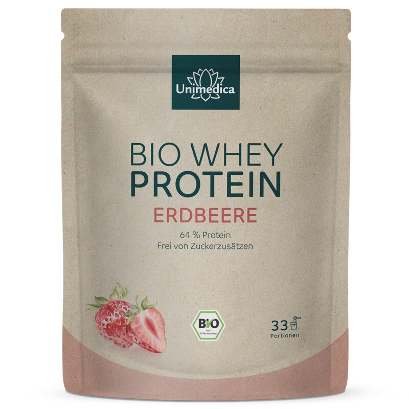 Bio Whey Protein - Erdbeere - 64 % Protein - 1 kg - von Unimedica