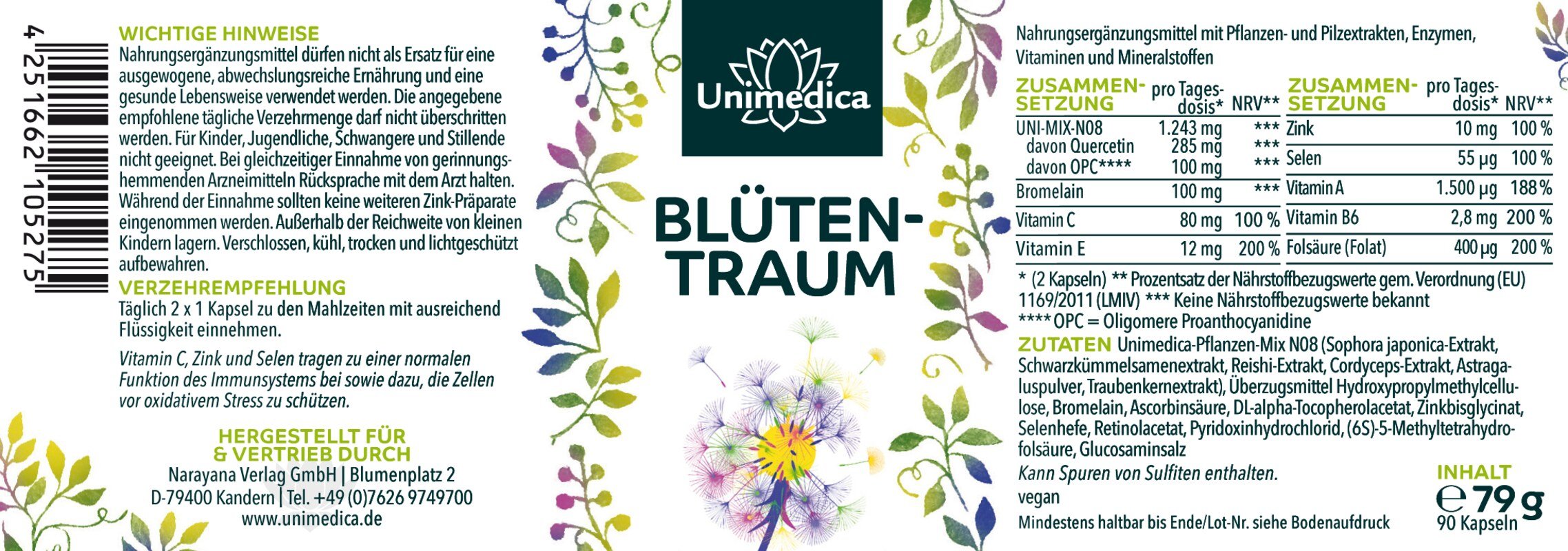 Blütentraum - Komplex mit Quercetin, Schwarzkümmelsamen-Extrakt, Kurkuma, Zink und Vitaminen - 90 Kapseln - von Unimedica