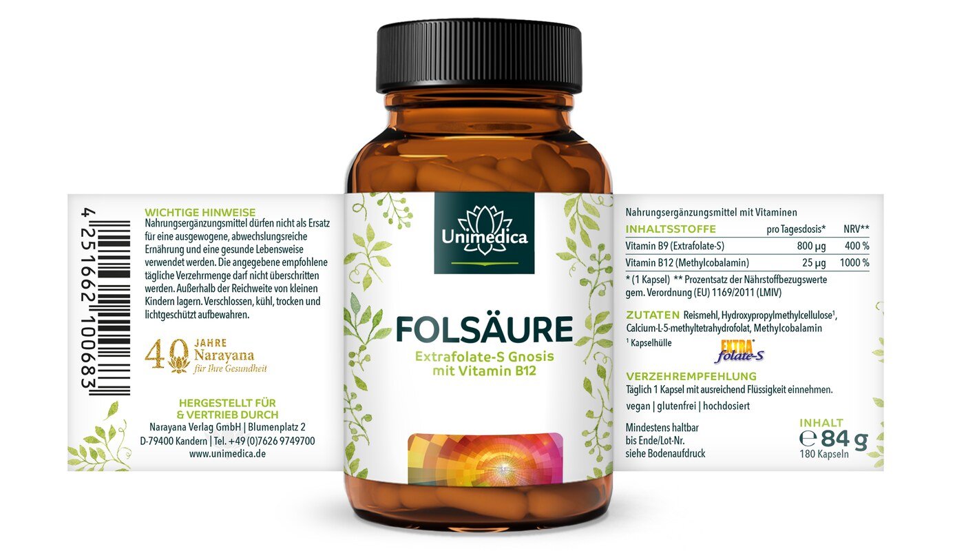2er-Sparset: Folsäure mit Extrafolate S von Gnosis und Vitamin B12 - 800µg Folsäure und 25 µg Vitamin B12 - 2 x 180 Kapseln - von Unimedica