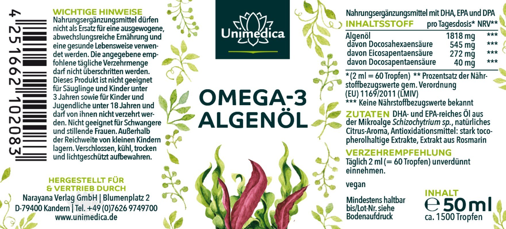 Sparset: Vegan Komplett - Eisen Bisglycinat 40 mg mit 40 mg Vitamin C UND Vitamin B12 mit Folat - 180 Tabletten UND Vegane Omega 3 Algenöl Tropfen mit DHA, EPA und DPA - 50 ml - von Unimedica