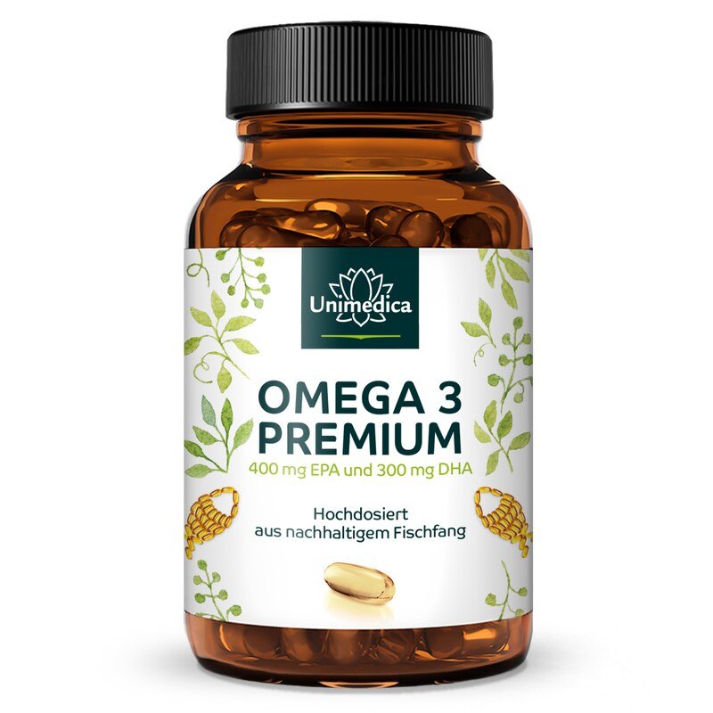 Omega 3 - Premium Fischöl mit 400 mg EPA und 300 mg DHA - hochdosiert - aus nachhaltigem Fischfang - 1.000 mg pro Tagesdosis (1 Kapsel) - 120 Softgelkapseln - von Unimedica