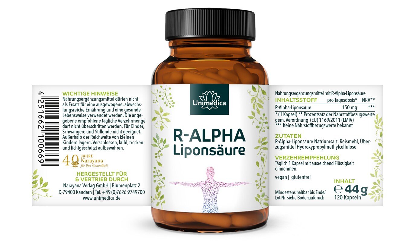 R-Alpha-Liponsäure - 150 mg pro Tagesdosis (1 Kapsel) - natürlich - vegan - 120 Kapseln - von Unimedica