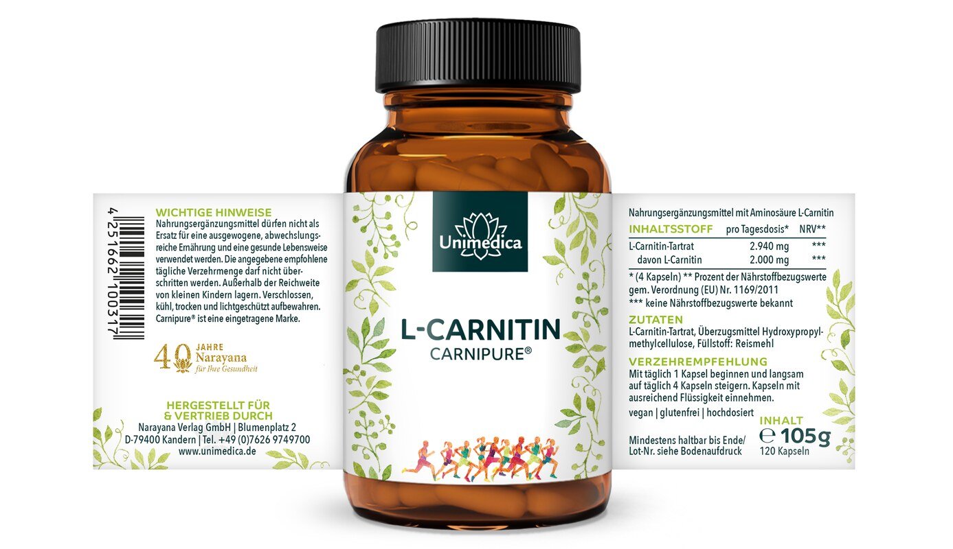 2er-Sparset: L-Carnitin (Carnipure®) - 2000 mg pro Tagesdosis - 2 x 120 Kapseln - von Unimedica