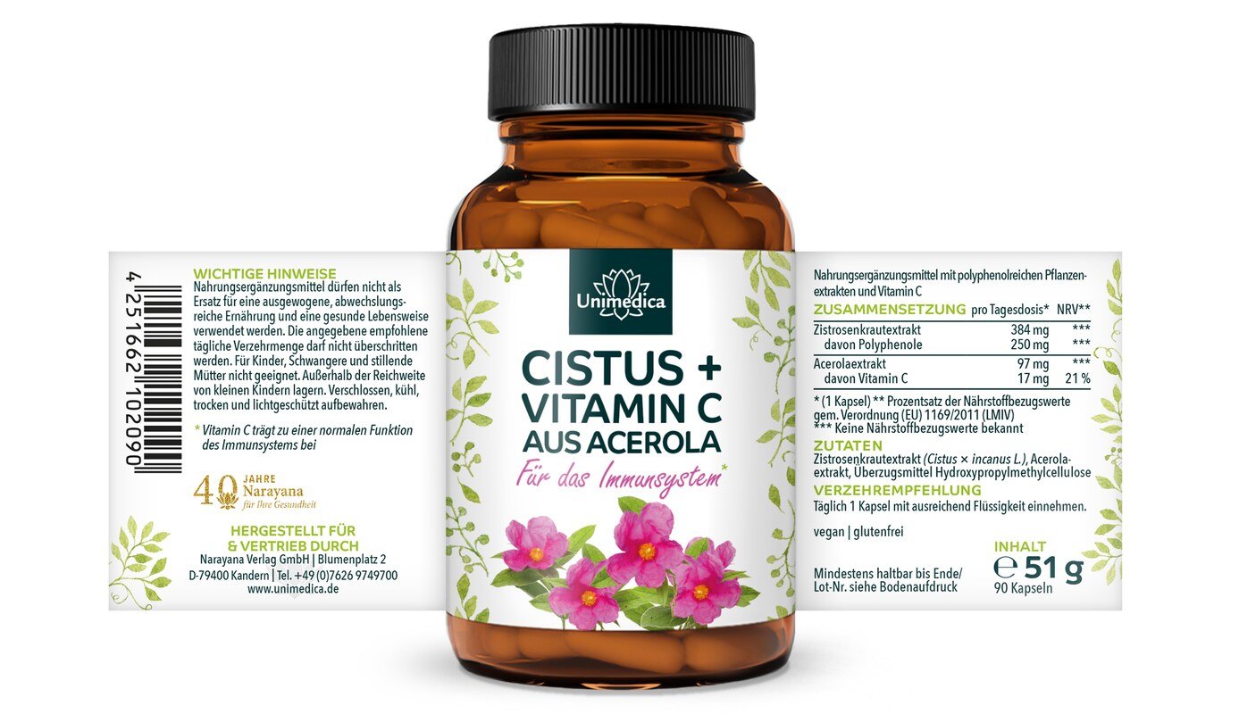 Cistus + Vitamin C aus Acerola - 384 mg Cistus pro Tagesdosis (1 Kapsel) - 90 Kapseln - von Unimedica